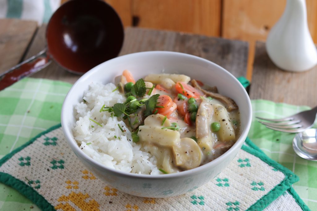 Hühnerfrikassee, vegan mit selbstgemachtem Seitanhühnchen