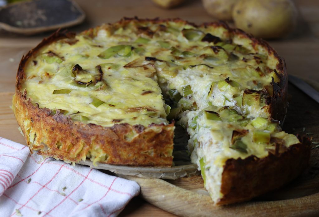 Lauchquiche mit Kartoffelpufferkruste