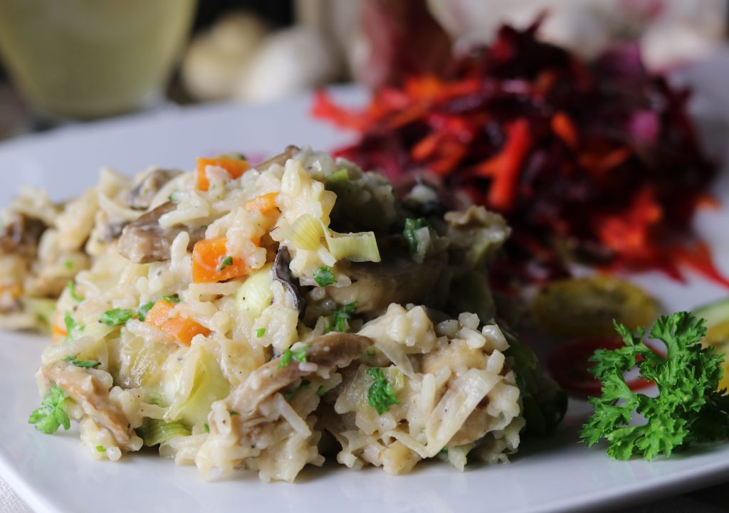 Pilz-Reis-Pfanne in cremiger Weißwein-Sahne-Sauce - vegan - Dailyvegan