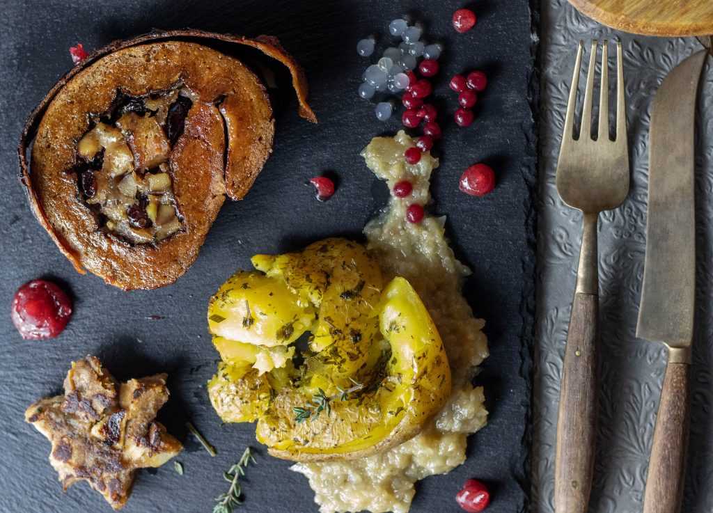 Gefüllter Weizenbraten - Quetschkartoffeln - Schalottenpüree - Kaviar