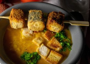 Crispy coating around the skewers