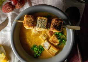 With tofu fish skewers