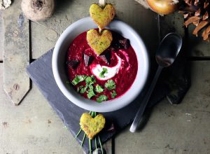 Beetroot apple soupand green polenta hearts