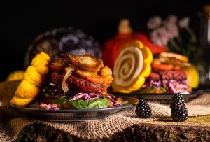 My hearty meat patty is made from seitan, soy, autumnal mushrooms and beetroot