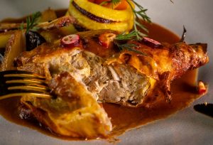 Tender, plant based poultry meat undneath a yuba skin