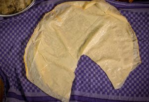 The cut yuba. Ready to form the skin of the goose drumstick