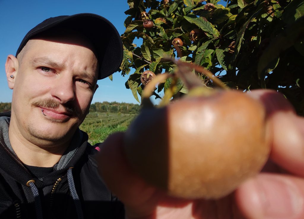 Die Sonne blendet, und das im Novemder. Sean Moxie von Daily Vegan mit Mispel