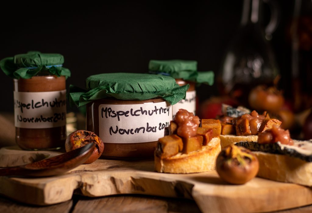 Mispelchutney aus frischen Mispeln, Apfel und roter Zwiebel