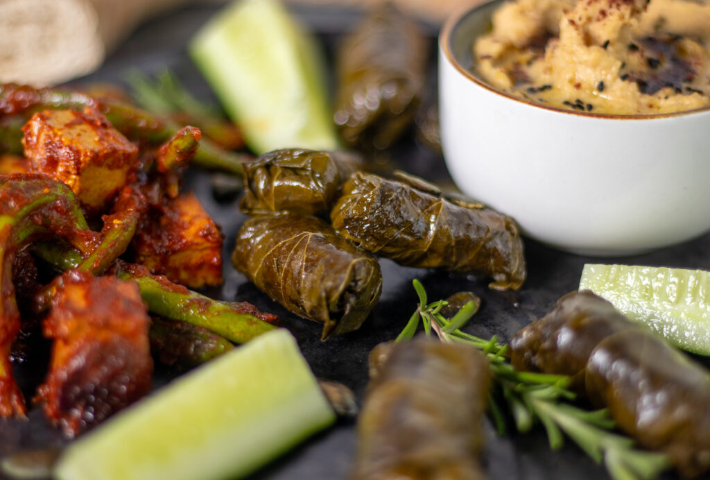 Vegane Snacks: gefüllte Weinblätter, Hummus, gebratenes Gemüse mit Tofu und Gurken