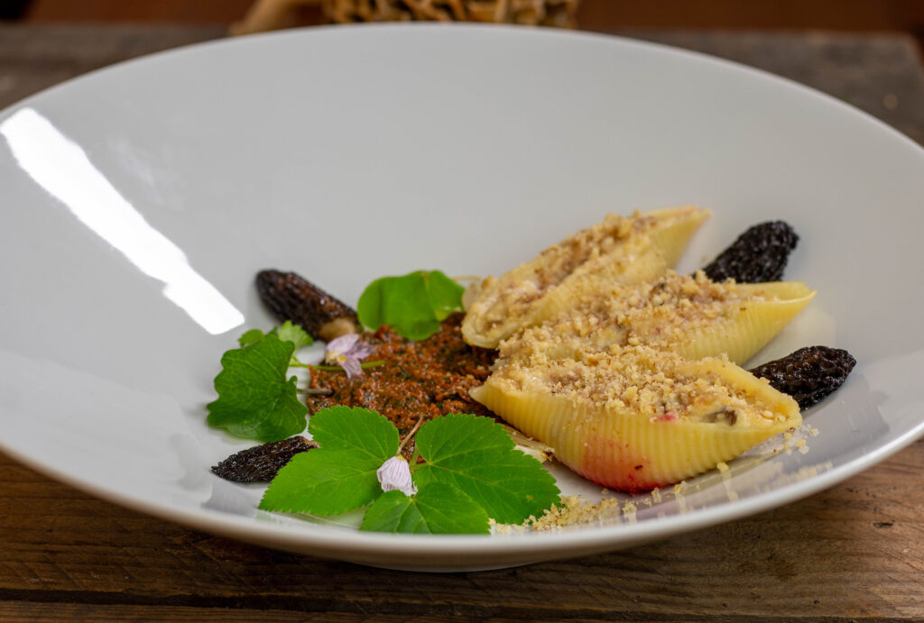 Muschelpasta gefüllt mit Morchel-Ricotta-Creme: eine Hommage an die Waldküche