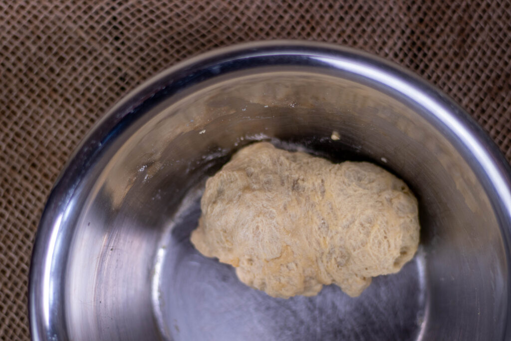 2. Der rohe Seitan ist fertig geknetet und kann als nächstes gekocht und dann zerkleinert werden.