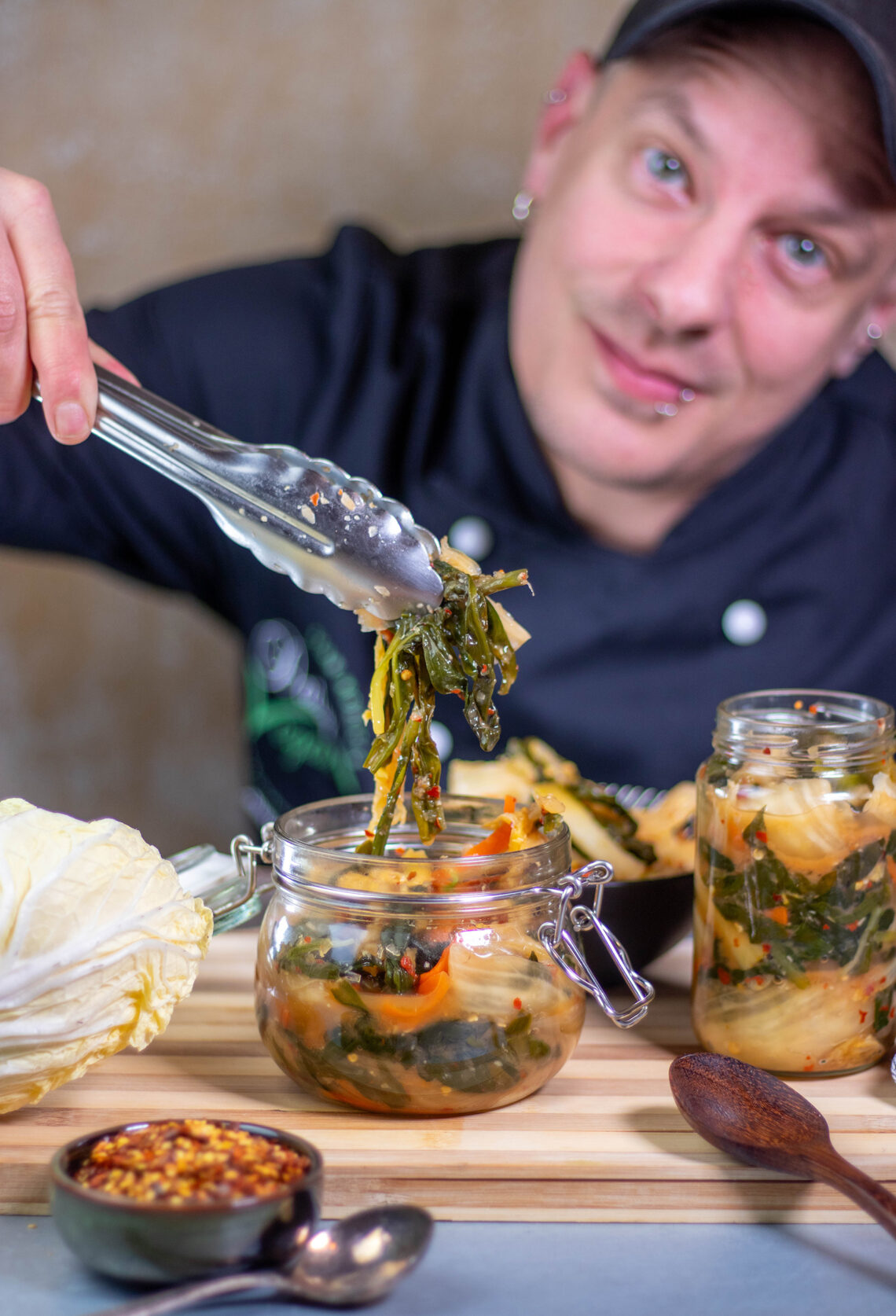 Sean Moxie shows wild garlic kimchi
