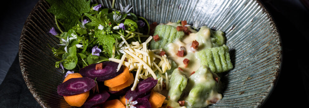 Der würzige Geschmack von jungem Bärlauch verschmilzt hier mit samtigem Kartoffelteig zu kleinen Gnocchi voller Frische und Herz. Bärlauch Gnocchi – vegan – mit pflanzlicher Käse-Schinken-Soße in einer Bowl mit Wildkräutersalat und Möhren.