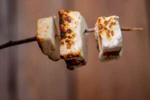 Homemade Vegan Marshmallows as s'mores on a stick.