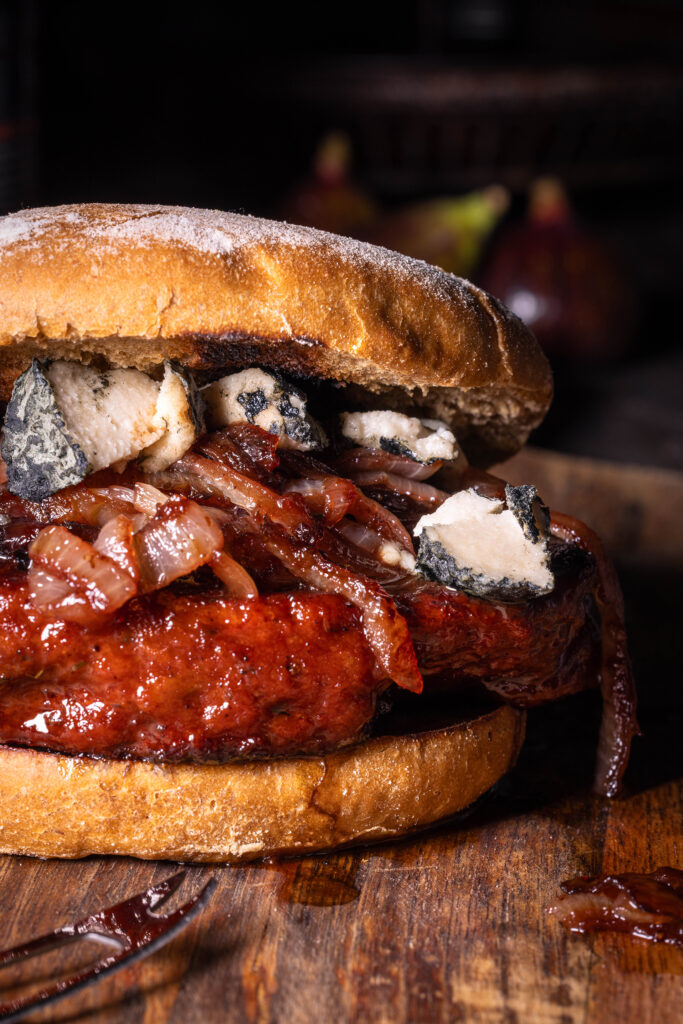 Port Filet Burger mit Blauschimmelkäse - vegan
