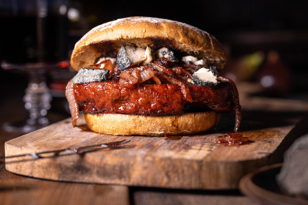 Port Filet Burger mit Blauschimmelkäse - vegan