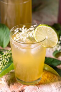 Holunder-Kombucha - zweitfermentierte, duftende Brause in einem Glaas, mit Holunderblüten und Limettenscheibe garniert.