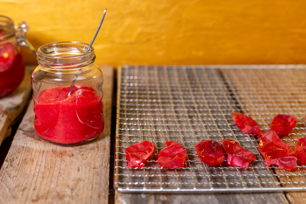 Laktofermentierte Pflaumen als samtige Pulpe, ein toller Dip zu vielen herzhaften Speisen. Die Pflaumenschale ist bereit für den Dörrautomaten.