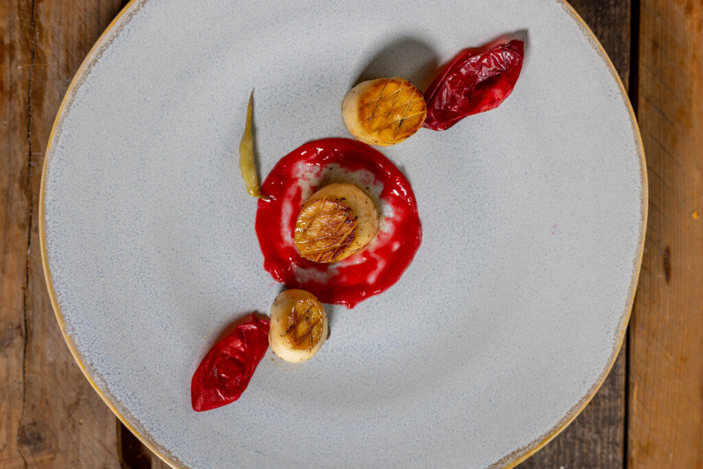 Vegane Jakobsmuscheln auf Pulpe aus laktofermentierten Pflaumen, gedörrten Chips aus der fermentierten Pflaumenschale und einer eingelegten Radieschenschote.