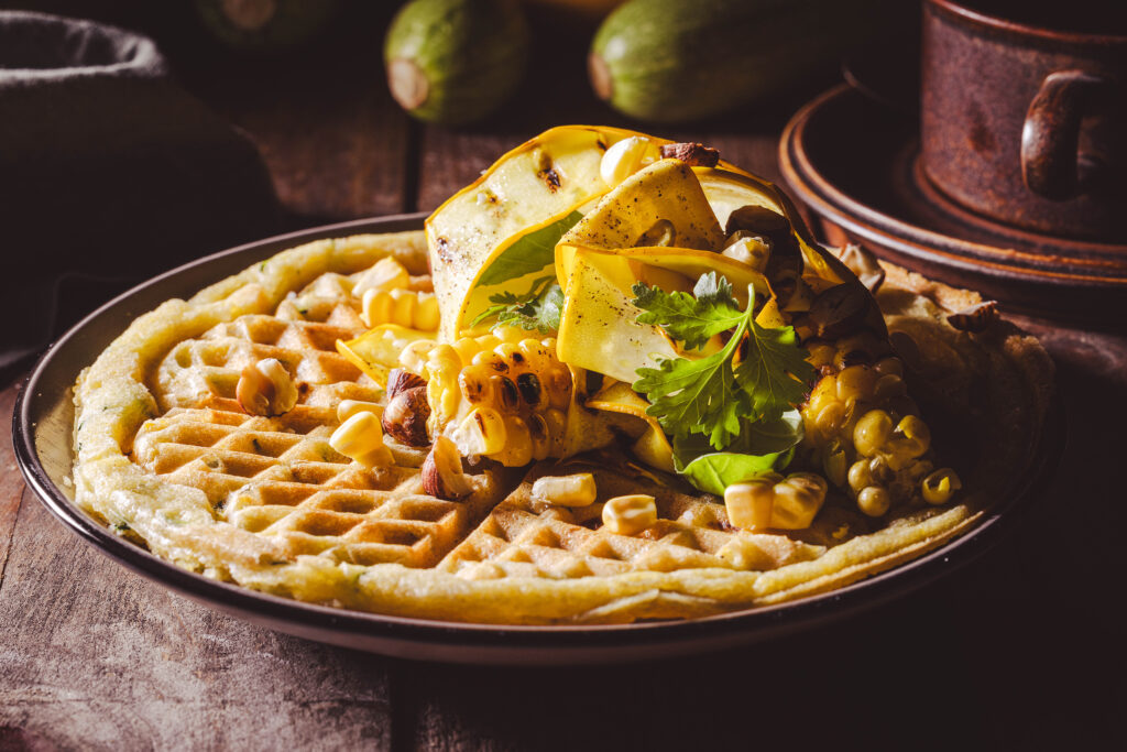 Zucchini-Mais-Waffeln - mit gegrilltem Gemüse als Topping.