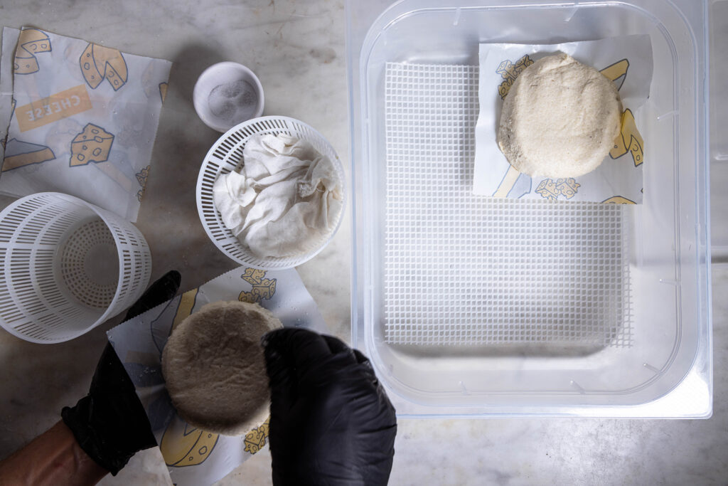 Vegane Camembertherstellung. Man sieht Hände, die einen Käse auf einem Käsepapier halten und salzen. Einen Käse im Abseihtuh in der Form. Und ein roher Käse auf einem Käsepapier in der Reifebos.