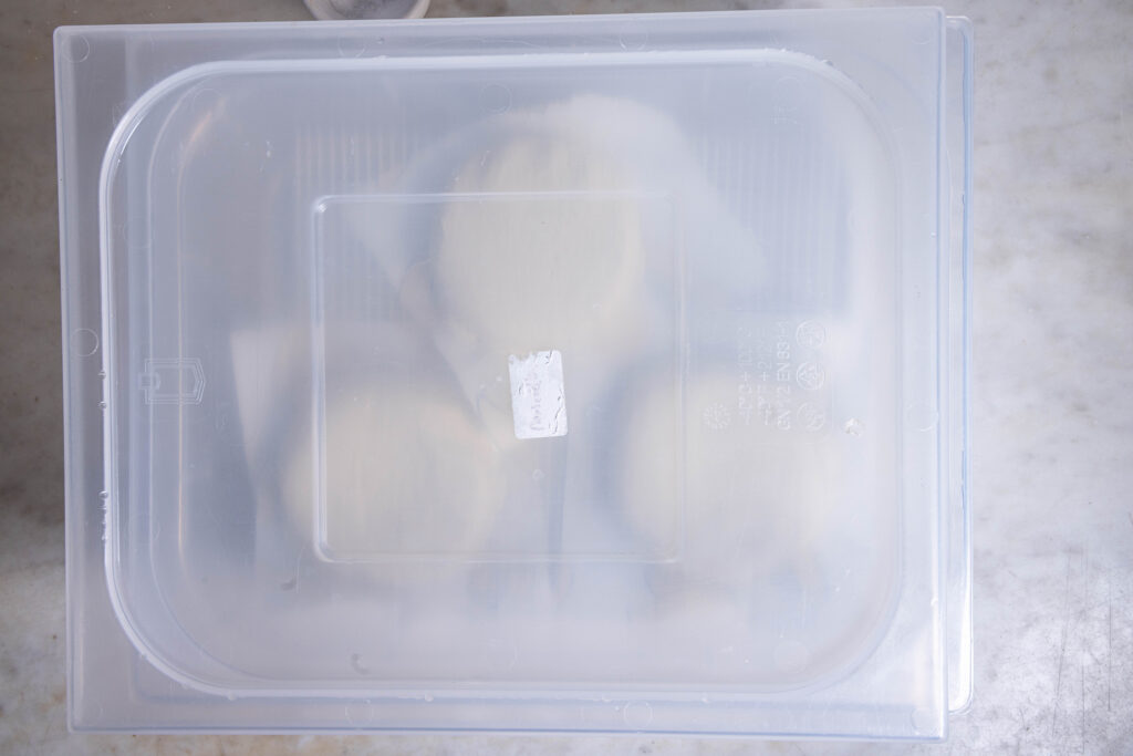 Eine Reifebox mit drei veganen Camemberts. Lose verschlossen.