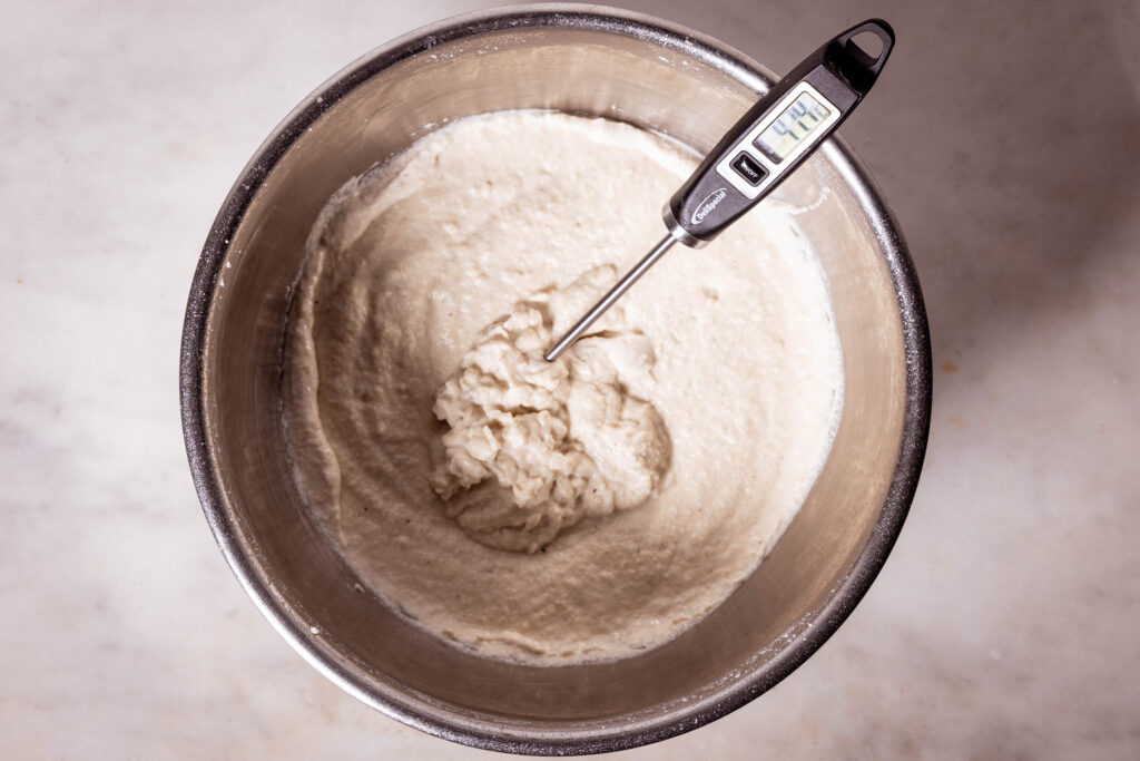 Eine pürierte Cashewmasse mit einem Küchenthermometer, das 41,4°C anzeigt.