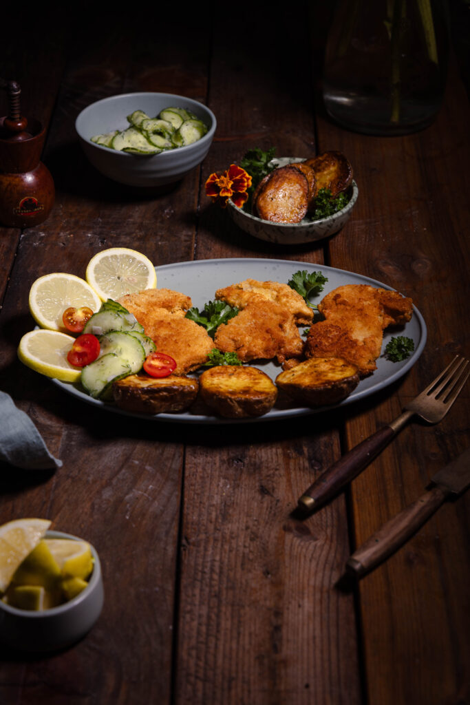 Vegane Steinpilz-Schnitzelchen - auf einem Teller mit verschiedenen Beilagen.