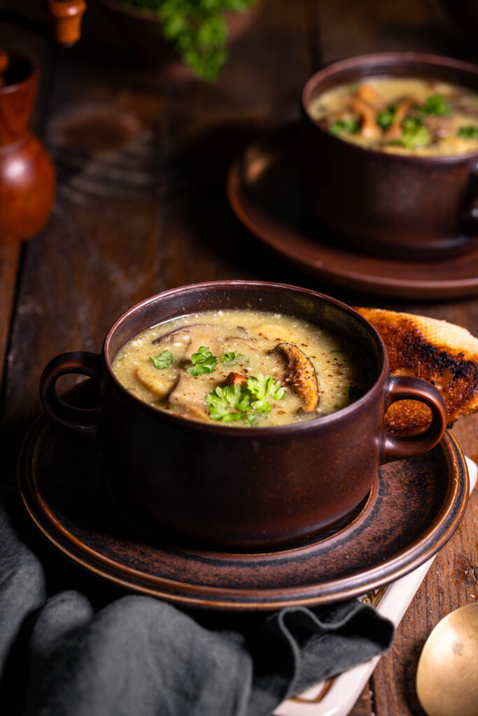 Waldpilzsuppe mit Steinpilzen, Birkenpilzen, Maronenröhrlingen, Hohlfußröhrlingen, Parasol, Edelreizker, Fichtenreizker, Schopftintlinge und Austernseitlinge.
