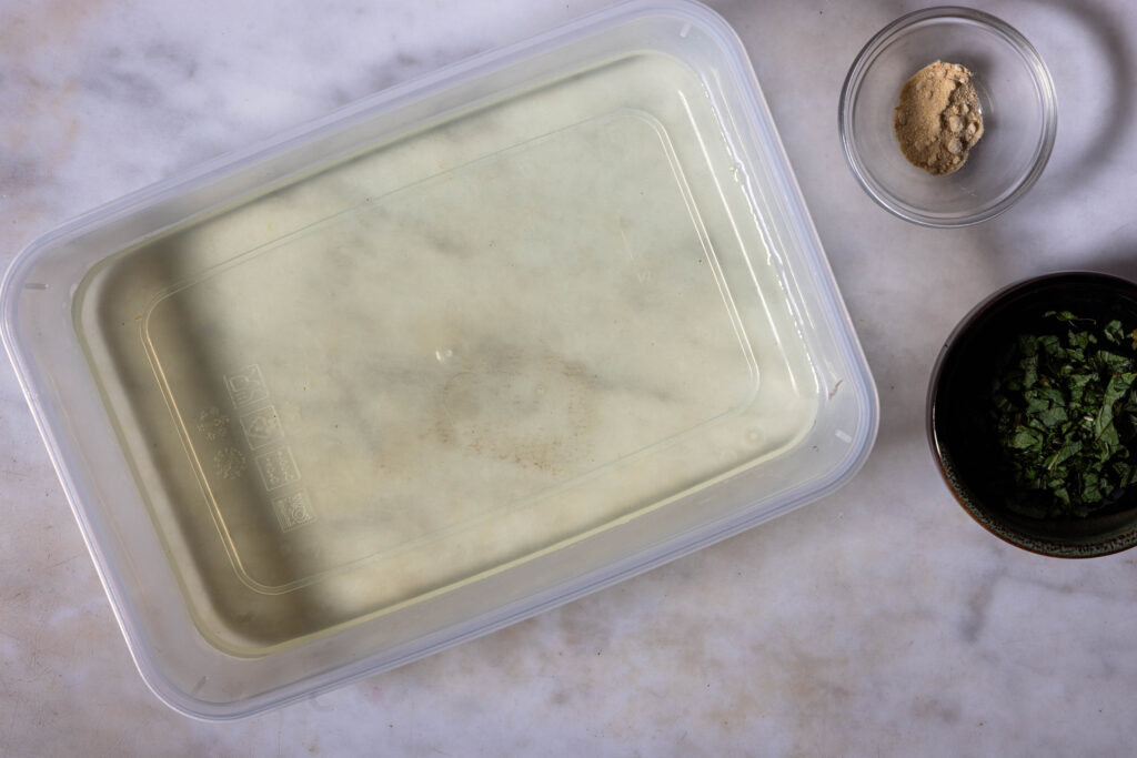 Kalter Minztee in einer flachen Schüssel, daneben gehackte Minze und Sojalecithin.