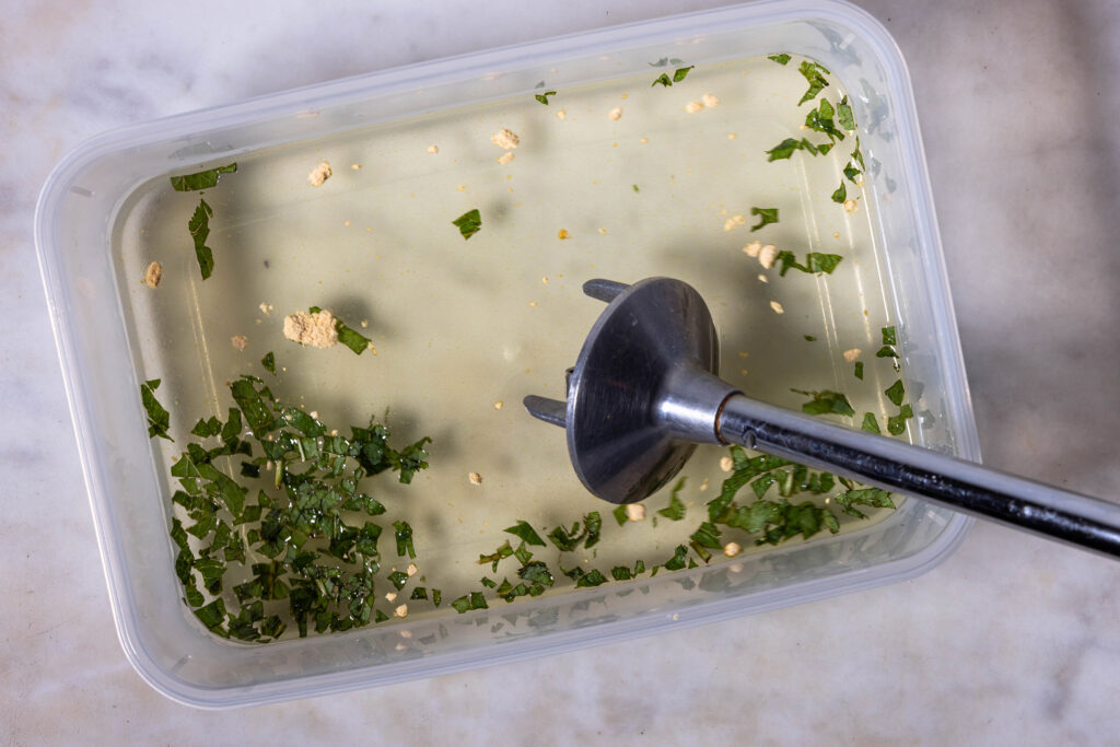 Die Zutaten für Minzluft und eine Pürierstab in einer länglichen Plastikschale.