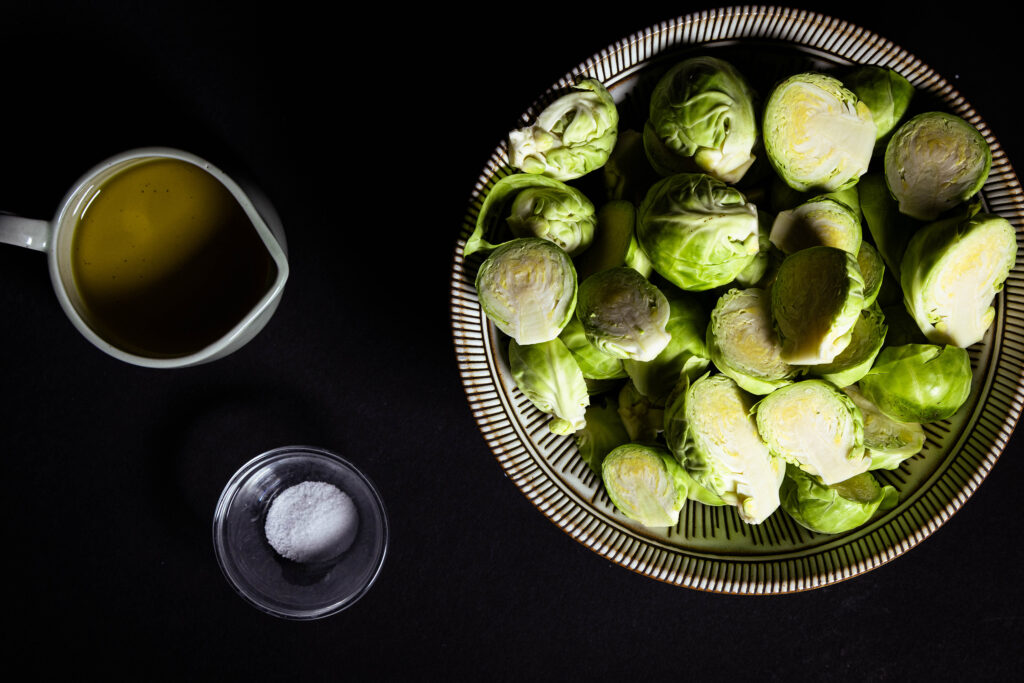 All the ingredients for the roasted Brussels sprouts.