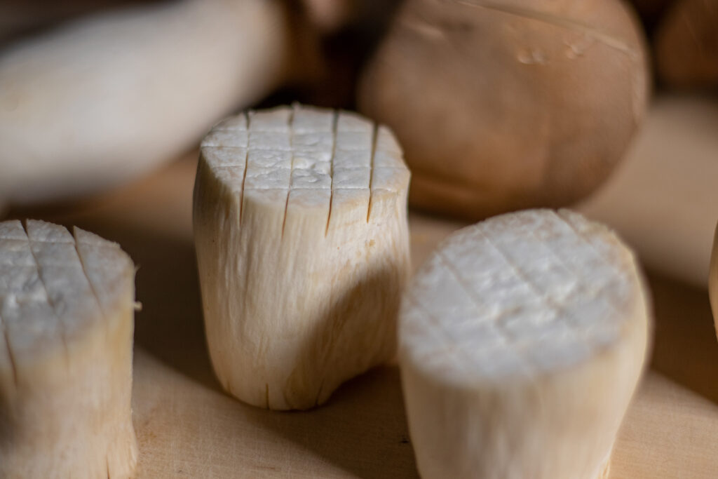 Cross-shaped incisions about half a centimeter deep in thick pieces of king oyster mushrooms.