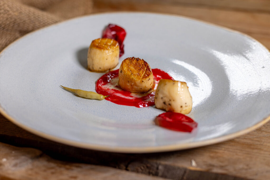 Vegan scallops with pulp from Lacto Fermented Plums, Lacto Plum Chips and Pickled Radish Pods