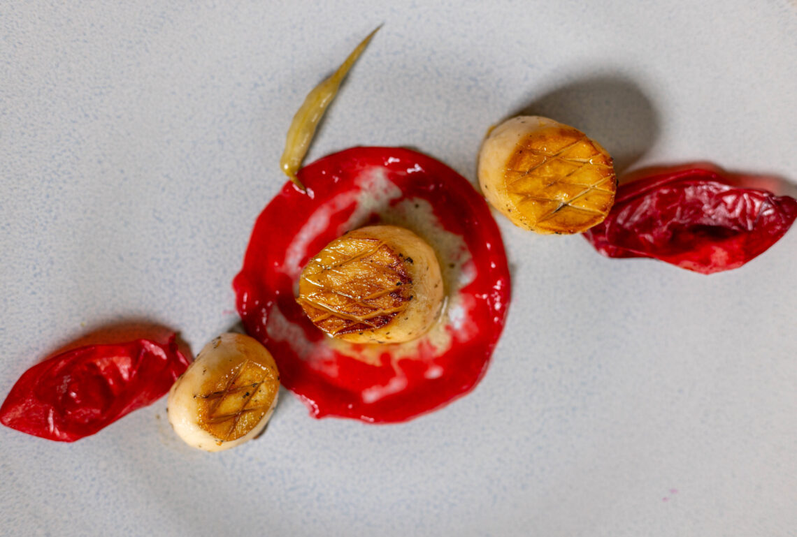 Vegan scallops made from king oyster mushrooms on fermented plums