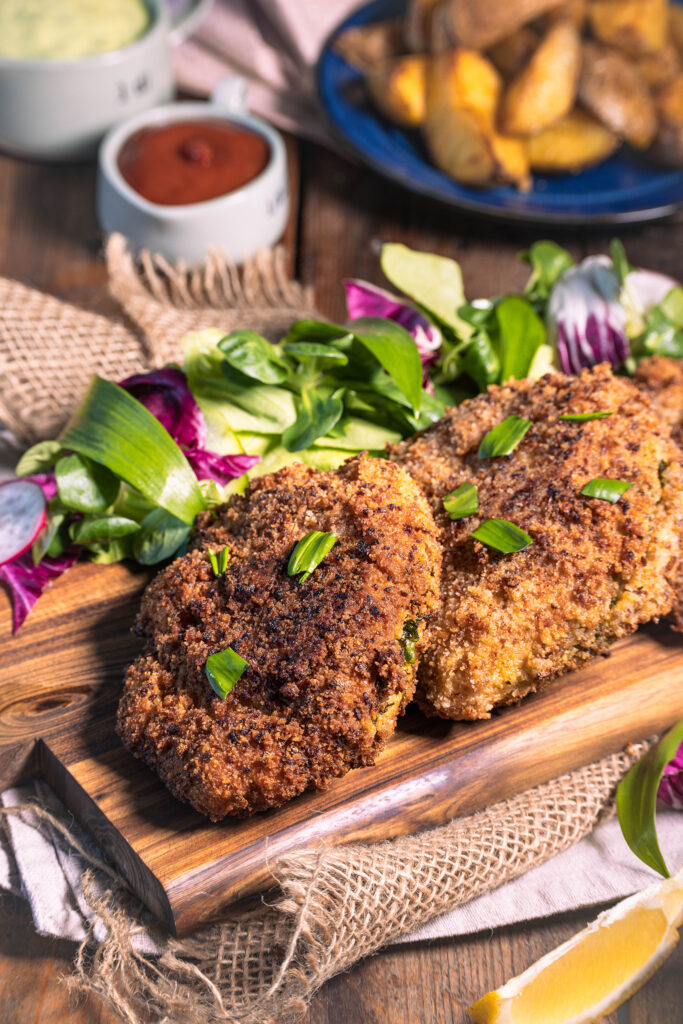 Mit Bärlauch gefülltes Schnitzel in krosser Röstzwiebelpanade auf einem Holzbrett