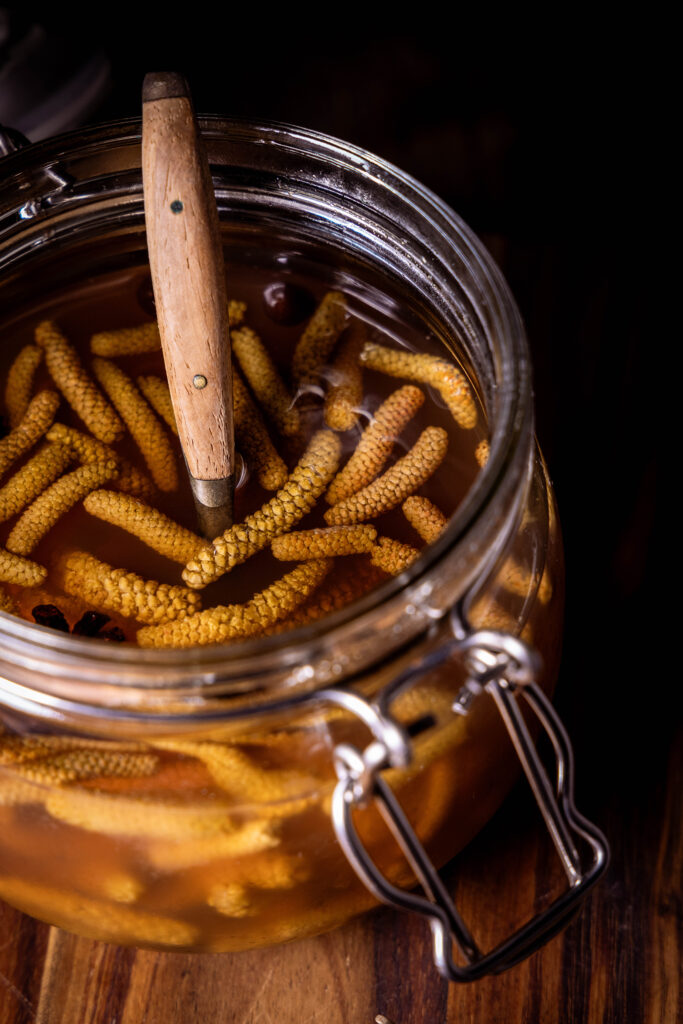 Haselkätzchen-Pickles - süß-sauer eingelegte Haselblüten