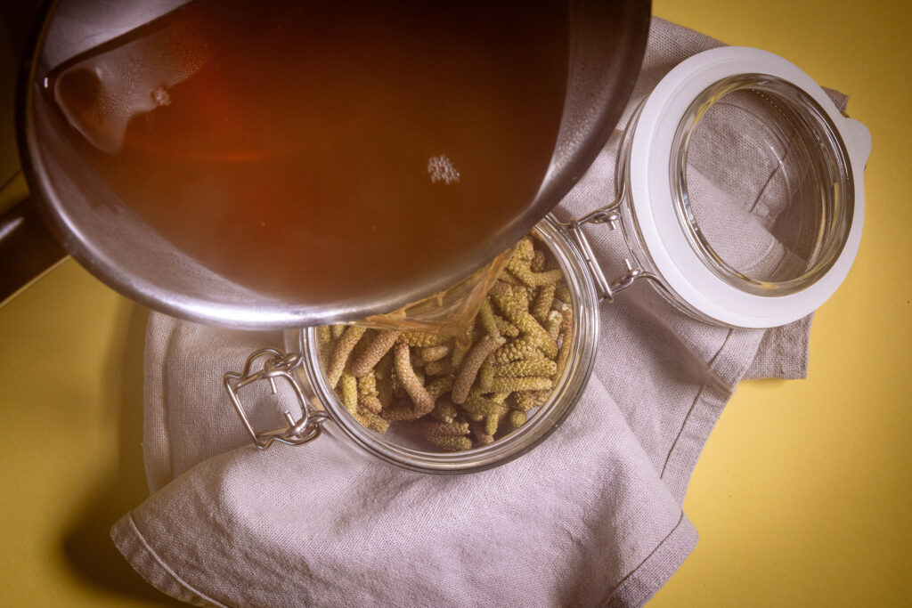 Haselkätzchen und Gewürze werden mit einem heißen Gemisch aus Apfelessig und veganem Honig übergossen.