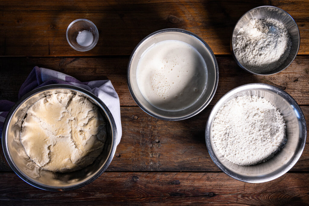 Der fertig gegangene Vorteig und alle weiteren Zutaten für das Kefir-Roggen-Brot.
