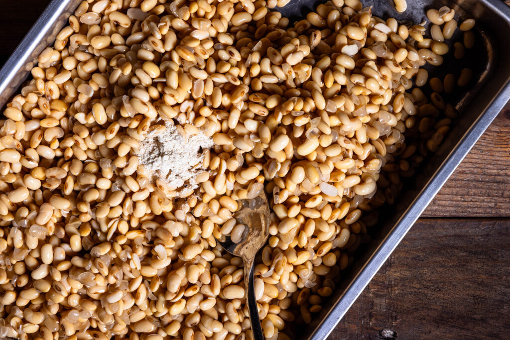 Tempehkulturen werden in gekochte Sojabohnen gerührt.