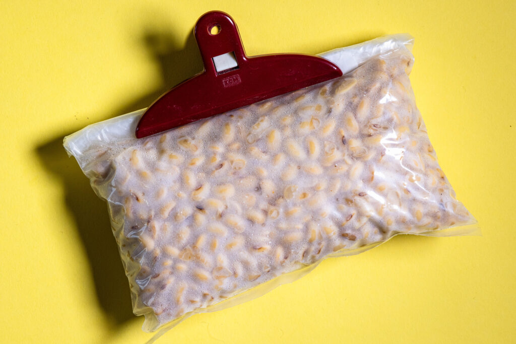 Einer der Tempehbeutel nach ca. 15 Stunden bei 30°C. Man sieht deutlich, wie sich die Tempehkulturen um die Bohnen herum bilden.