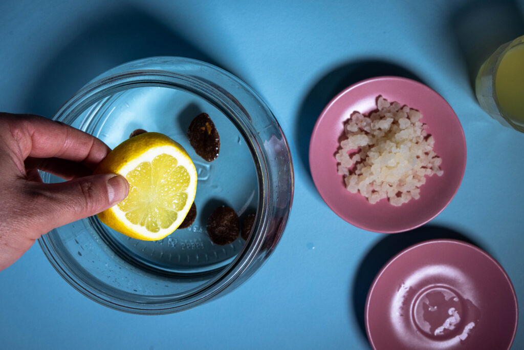 Eine Scheibe Zitrone wird in ein Glasgefäß mit Zuckerwasser und getrockneten Aprikosen gegeben.