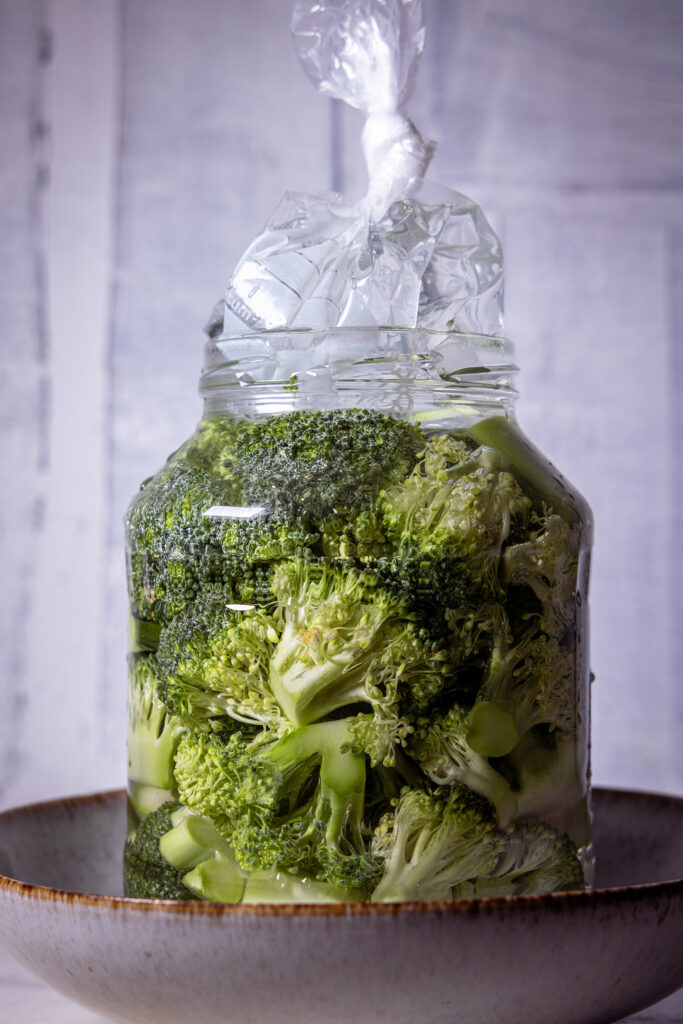 Ein Fermentierglas in einer Schale. Das Ferment ist mit einem mit Wasser befüllten Gefrierbeutel beschwert.